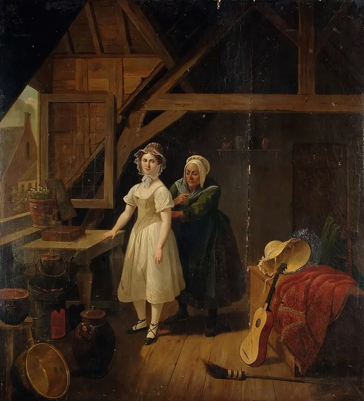 Maid Sewing A Lady Into A Corset Wall Art by Constantinus Fidelio Coene - High-Resolution Digital Print
