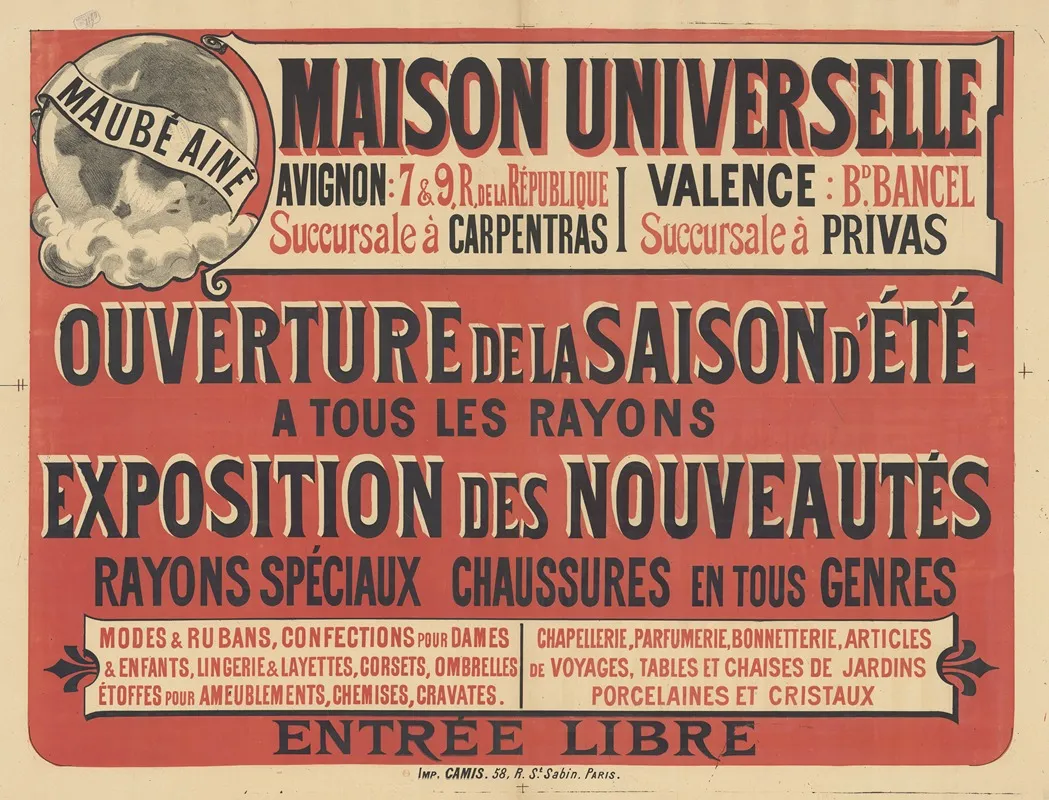 Maison Universelle Maube Aine Avignon Succursale A Carpentras Valence Succursale A Privas Wall Art by Imp. Camis - High-Resolution Digital Print