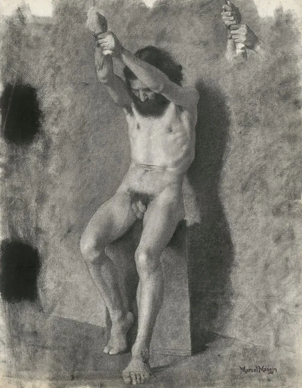 Male Academy Drawing With A Subsidiary Hand Study Wall Art by Marcel Paul Maurice Stéphane Mangin - High-Resolution Digital Print