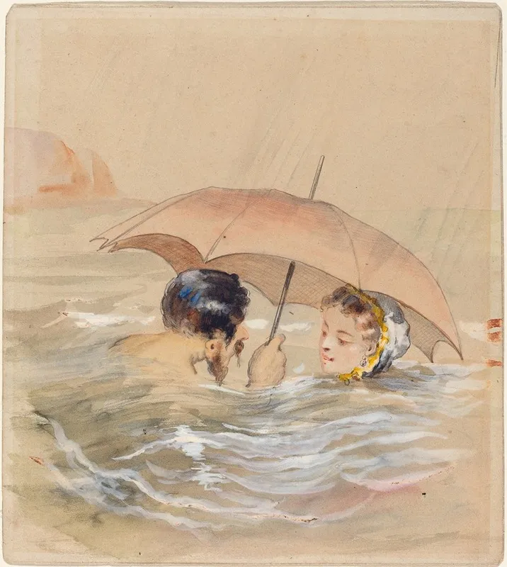 Male And Female Bathers With Umbrella Wall Art by Alfred Grévin - High-Resolution Digital Print