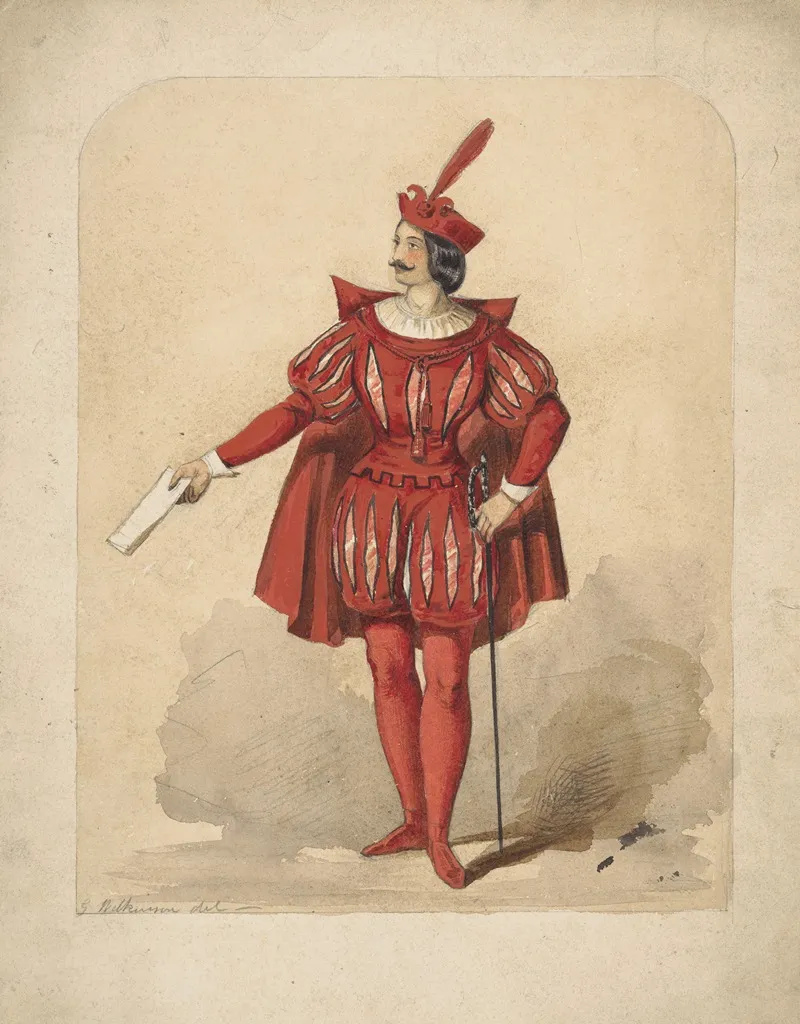 Male Figure Dressed In A Red Costume Holding A Piece Of Paper In His Right Hand Wall Art by G. Wilkinson - High-Resolution Digital Print