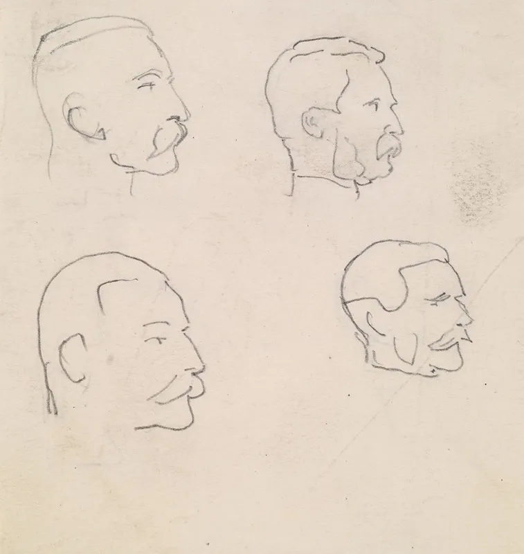 Male Four Profile Head Sketches Of Moustached Man Wall Art by Sir John Everett Millais - High-Resolution Digital Print
