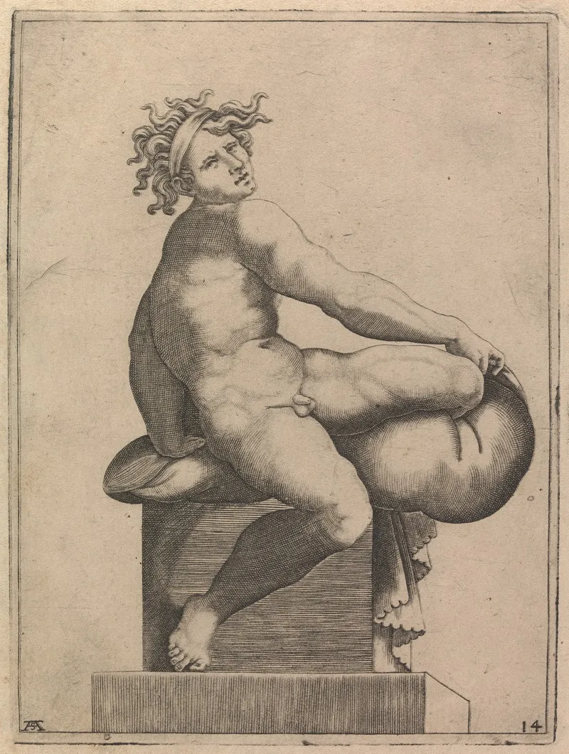Male Nude From Panel Of The Sacrifice Of Noah Wall Art by Adamo Scultori - High-Resolution Digital Print
