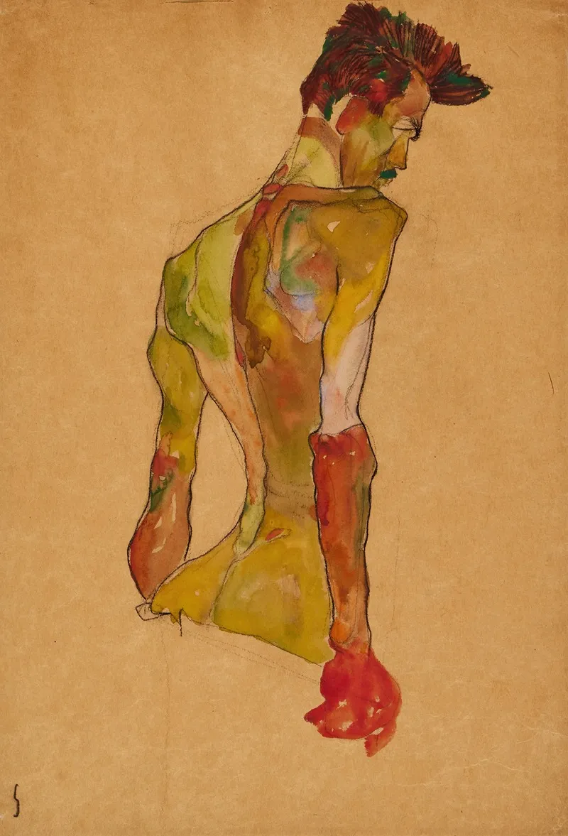 Male Nude In Profile Facing Right Wall Art by Egon Schiele - High-Resolution Digital Print