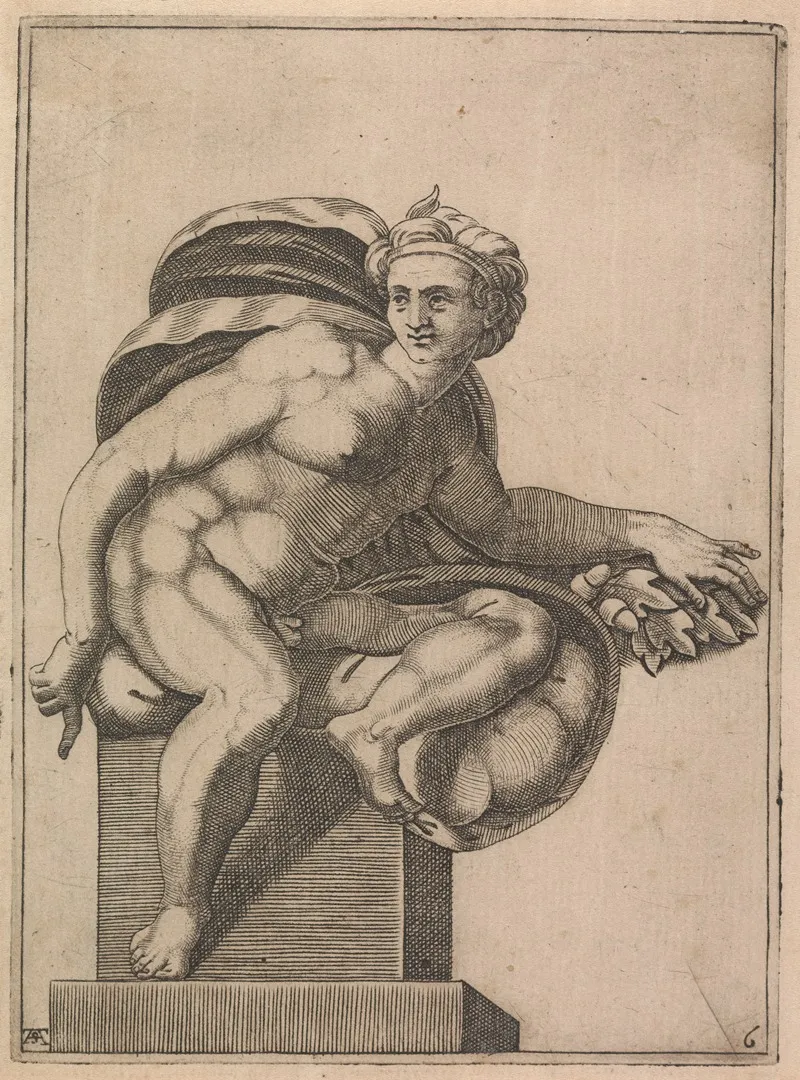 Male Nude Seated From Panel Of Creation Of Eve Wall Art by Adamo Scultori - High-Resolution Digital Print