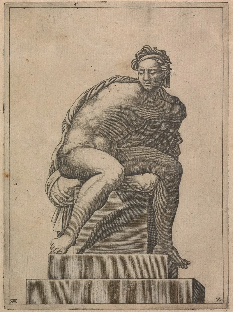 Male Nude Seated From Panel Of God Separating Light From Dark Wall Art by Adamo Scultori - High-Resolution Digital Print