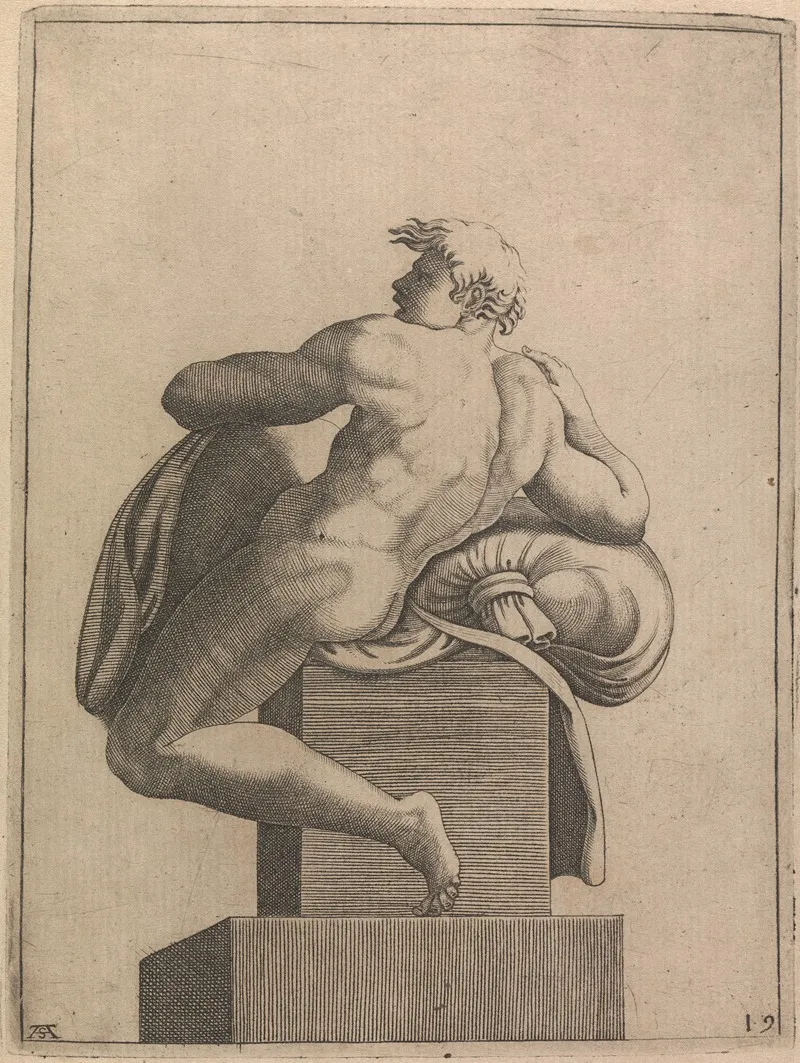 Male Nude Seated From Panel Of God Separating The Waters 2 Wall Art by Adamo Scultori - High-Resolution Digital Print