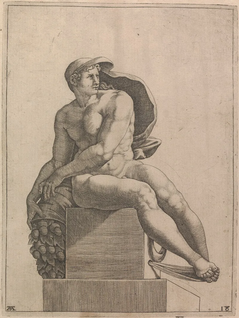 Male Nude Seated From Panel Of God Separating The Waters Wall Art by Adamo Scultori - High-Resolution Digital Print