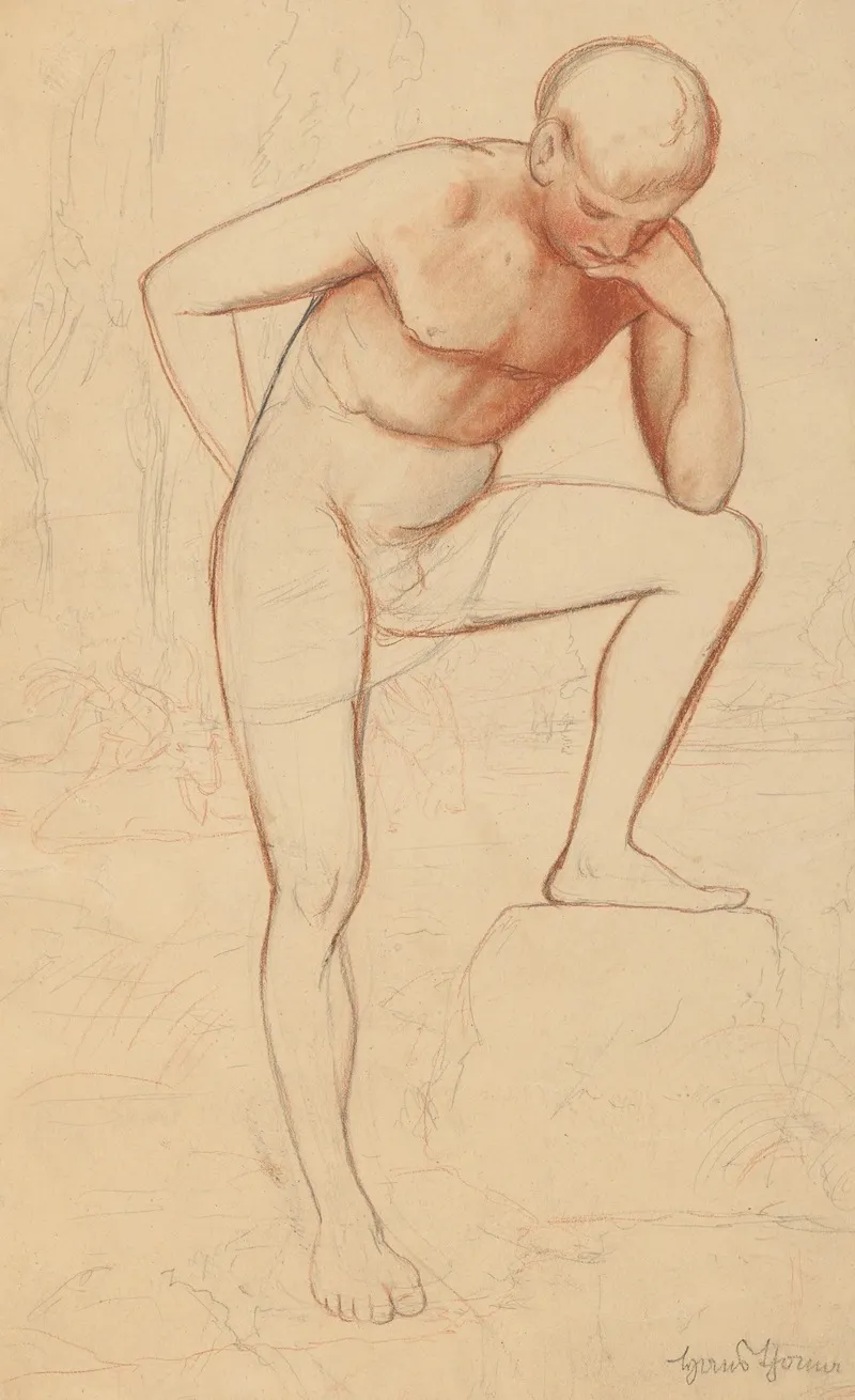 Male Nude Study Against The Background Of A Landscape Wall Art by Hans Thoma - High-Resolution Digital Print