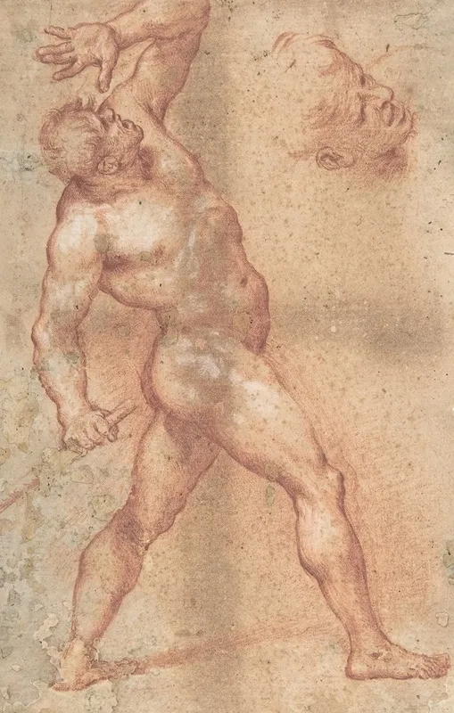 Male Nude With Left Arm Upraised And A Further Study Of His Head Wall Art by Aniello Falcone - High-Resolution Digital Print