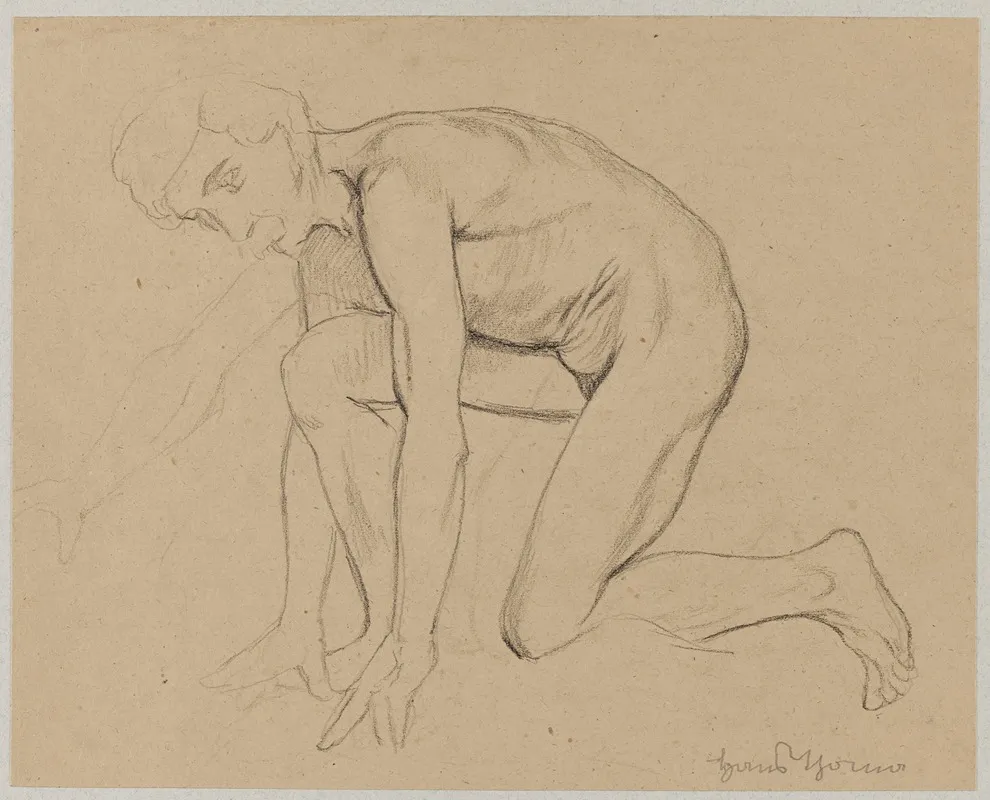 Male Nude With Moustache Kneeling In Profile Wall Art by Hans Thoma - High-Resolution Digital Print