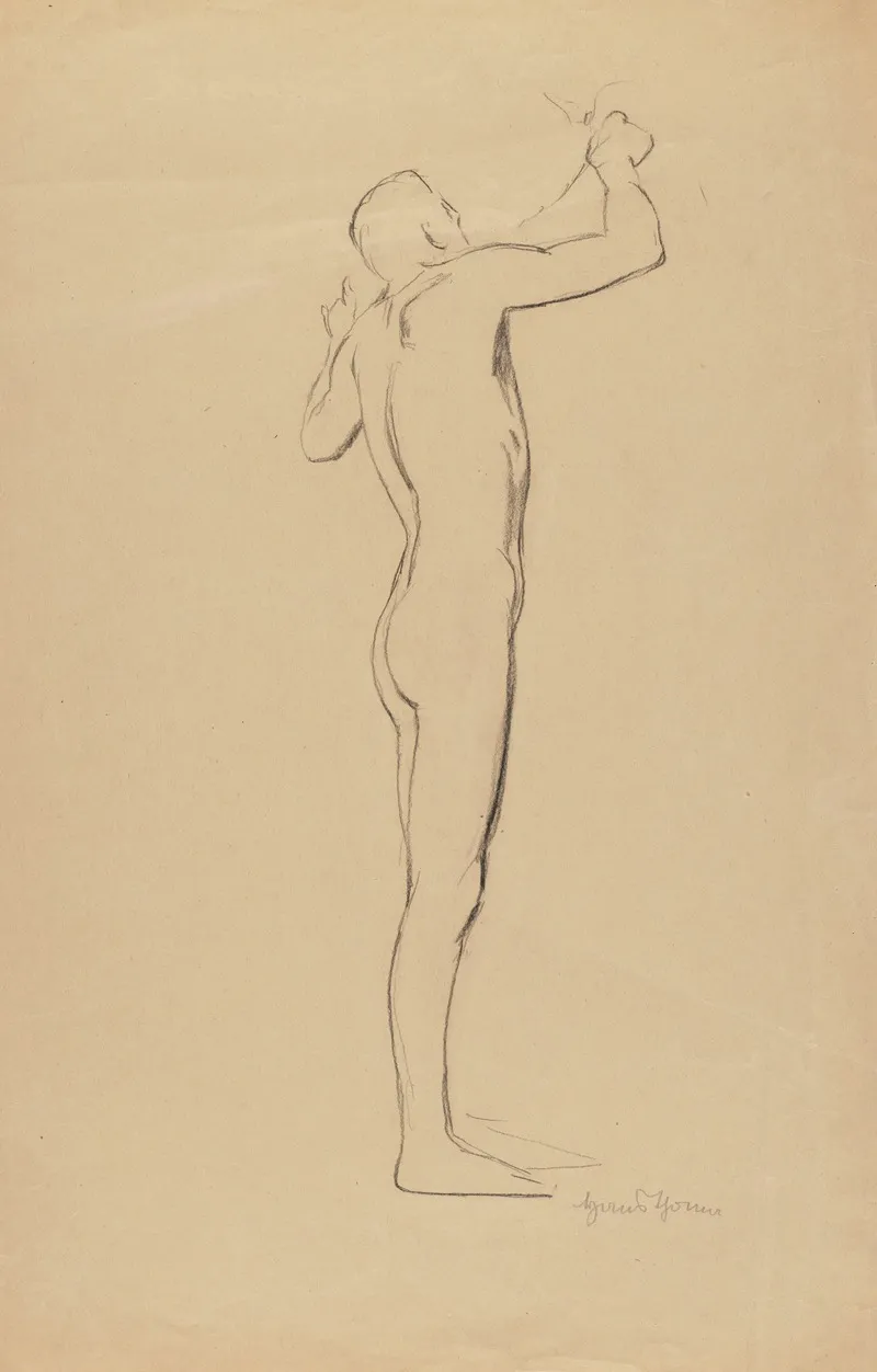Male Nude With Raised Hands Standing With His Back To The Viewer