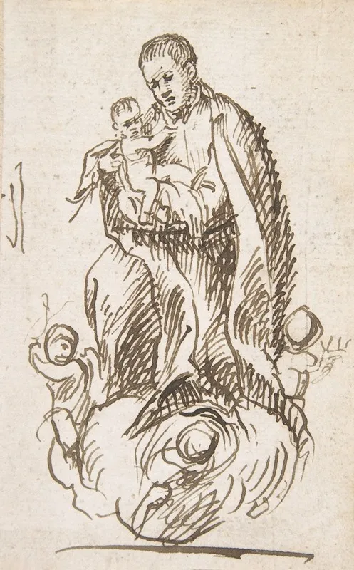 Male Saint Standing On Clouds Supported By Putti Holding Infant Christ 2
