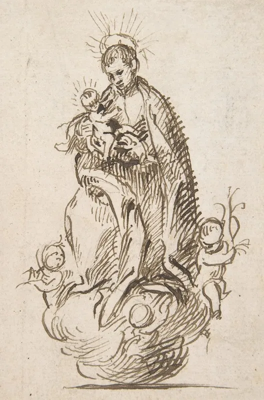 Male Saint Standing On Clouds Supported By Putti Holding Infant Christ