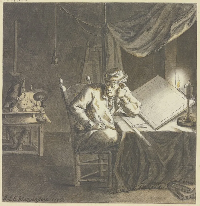 Maler Und Geselle Im Atelier Bei Lampenlicht An Ihren Zeichentischen Arbeitend