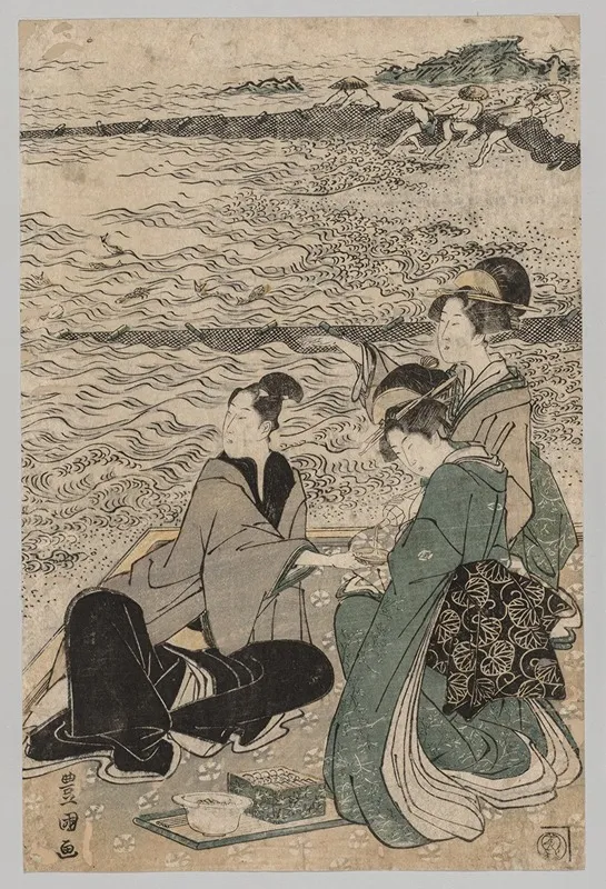 Man And Two Women At The Sea Shore Wall Art by Toyokuni Utagawa - High-Resolution Digital Print