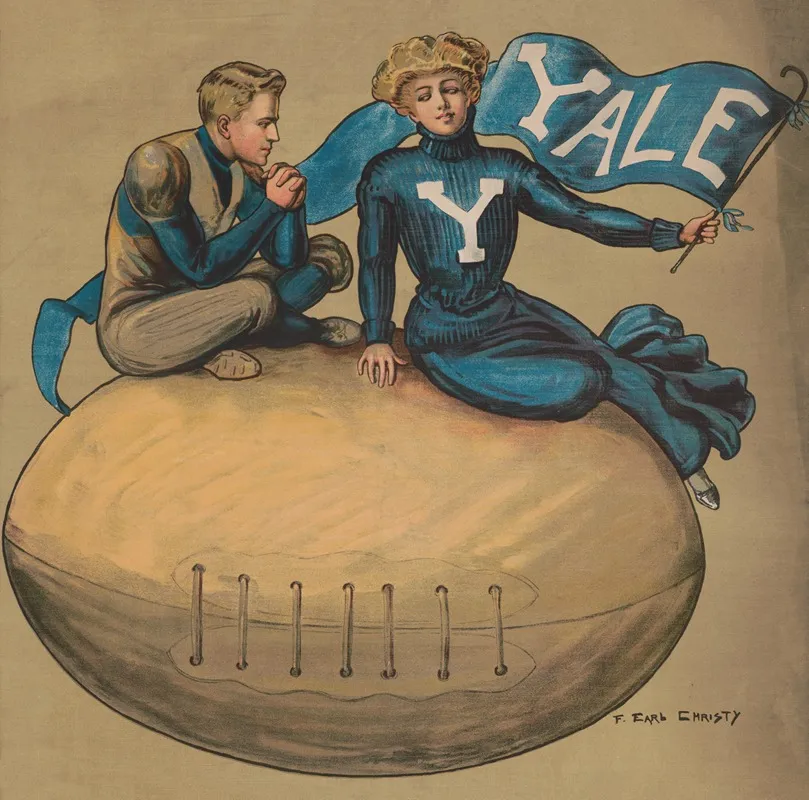 Man And Woman Sitting On Giant Football With A Yale Flag Wall Art by F. Earl Christy - High-Resolution Digital Print