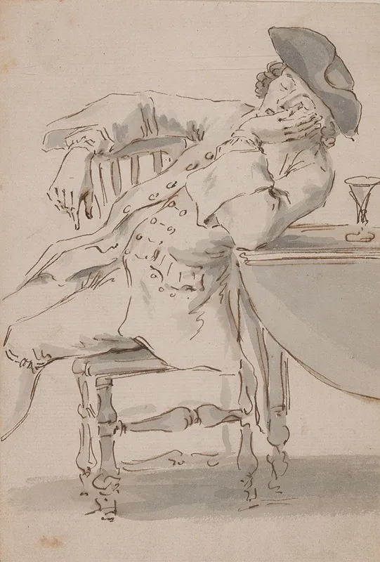 Man Asleep Leaning Against A Table