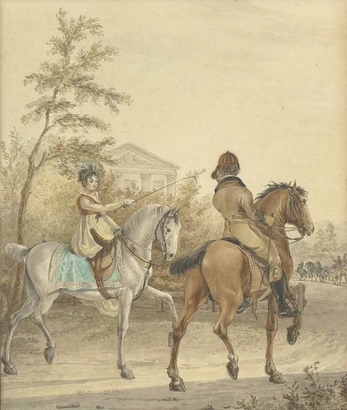 Man En Een Vrouw Te Paard Op Een Landweg Wall Art by Johannes Vinkeles - High-Resolution Digital Print