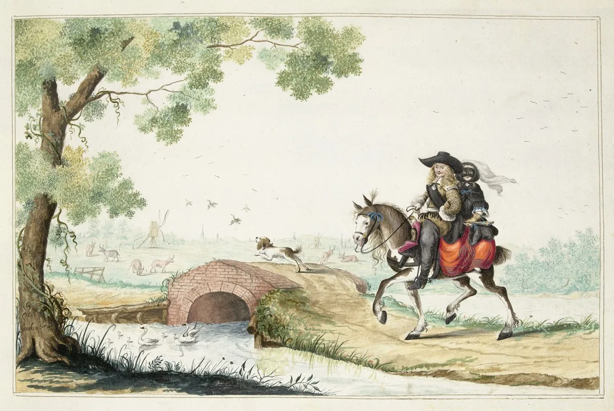Man En Gemaskerde Vrouw Te Paard Wall Art by Gesina ter Borch - High-Resolution Digital Print