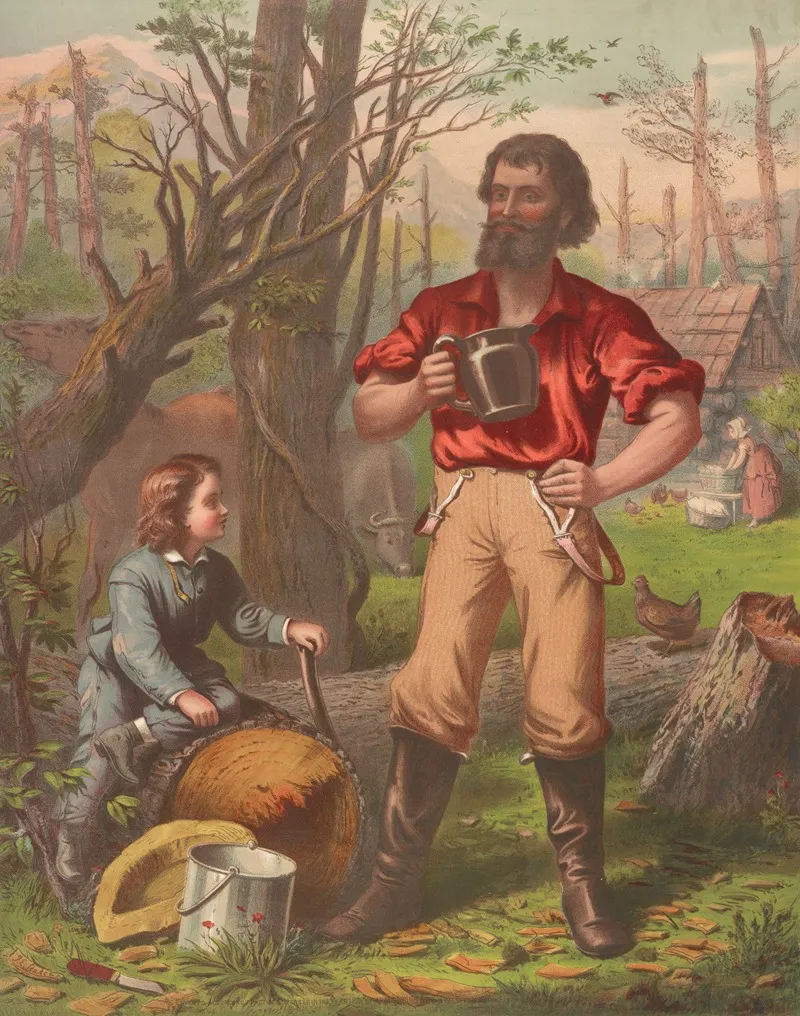 Man Holding Mug Standing By Chopped Down Tree Young Boy Sitting On Tree Trunk