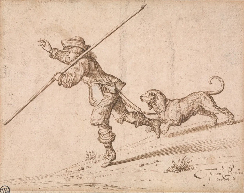 Man Hunting With A Pointed Staff And A Hound
