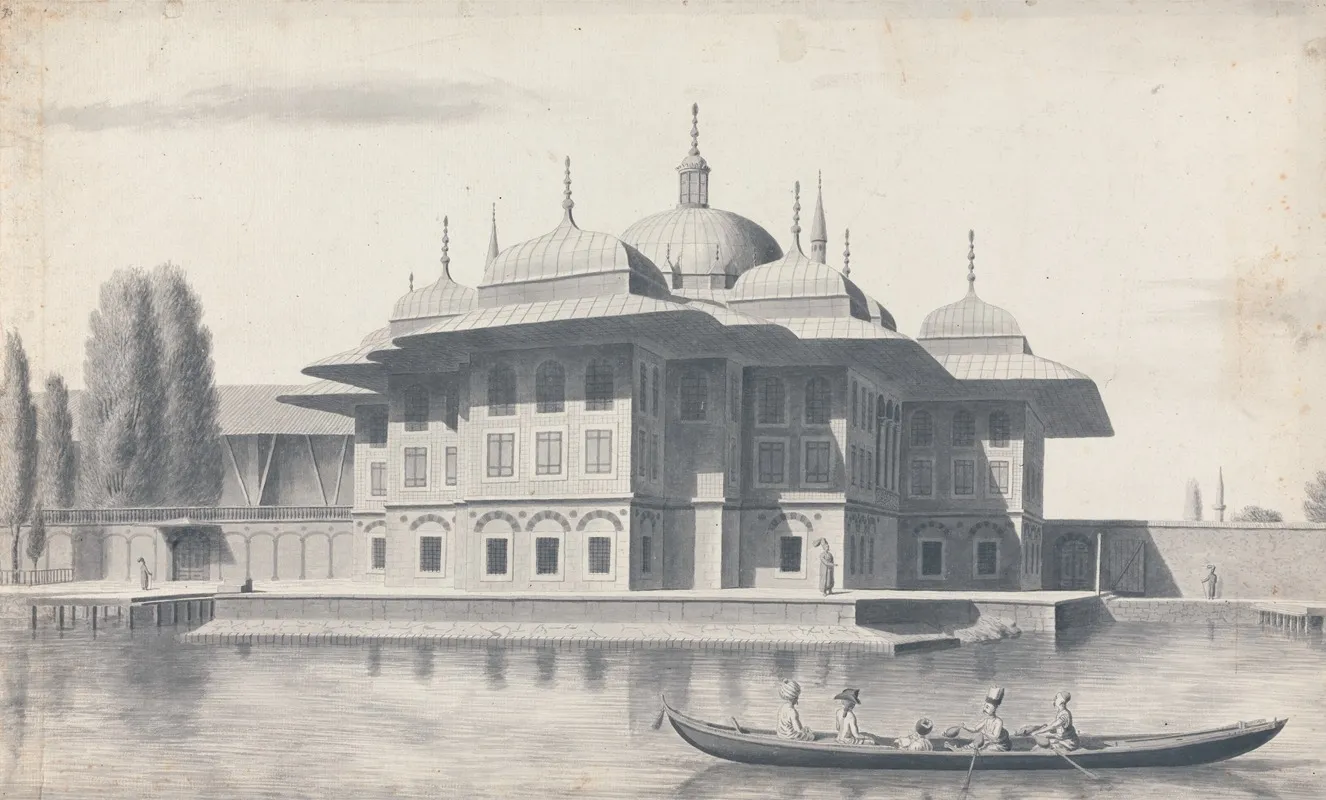 Man In A Boat Being Rowed Past A Pavilion