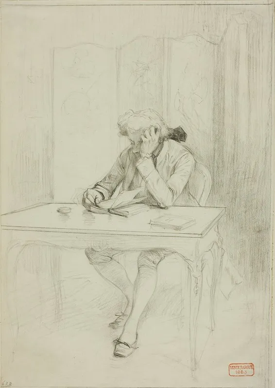 Man In Eighteenth Century Dress Seated At Table And Reading