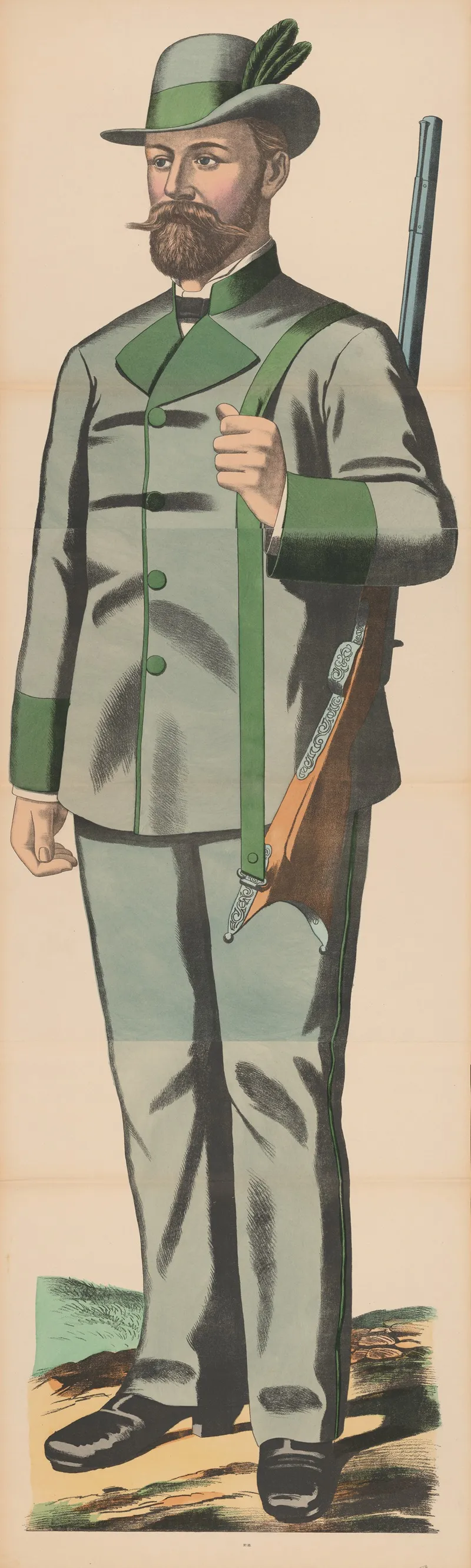 Man In Light Green Suit And Tyrolean Hat Holding A Rifle Over His Shoulder Wall Art by René Ackermann - High-Resolution Digital Print