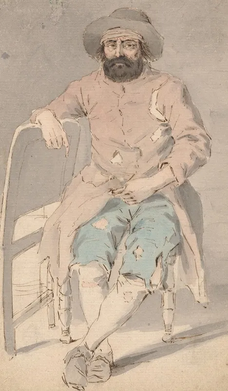 Man In Ragged Clothes Seated With Right Arm Over Another Chair