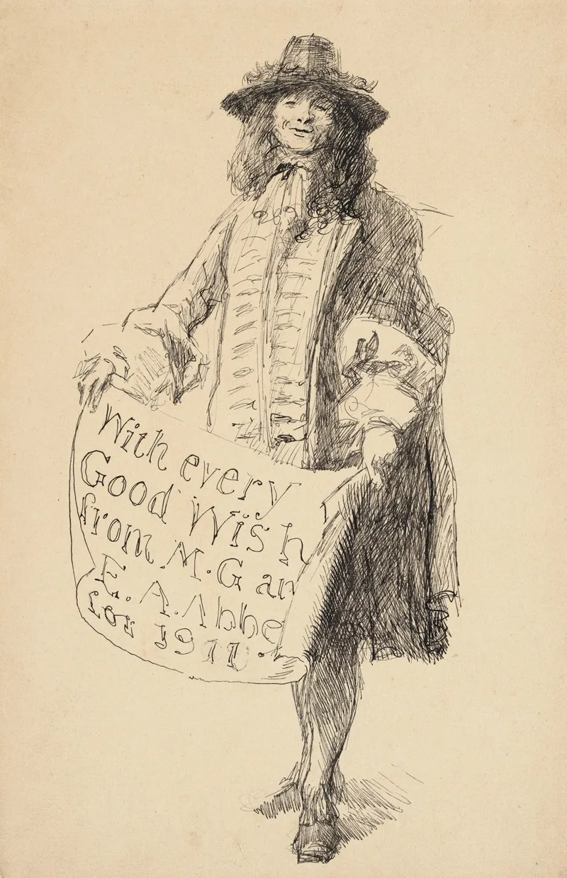 Man In Seventeenth Century Dress Holding A Scroll With Every Good Wish From M G And E A Abbey For 1911