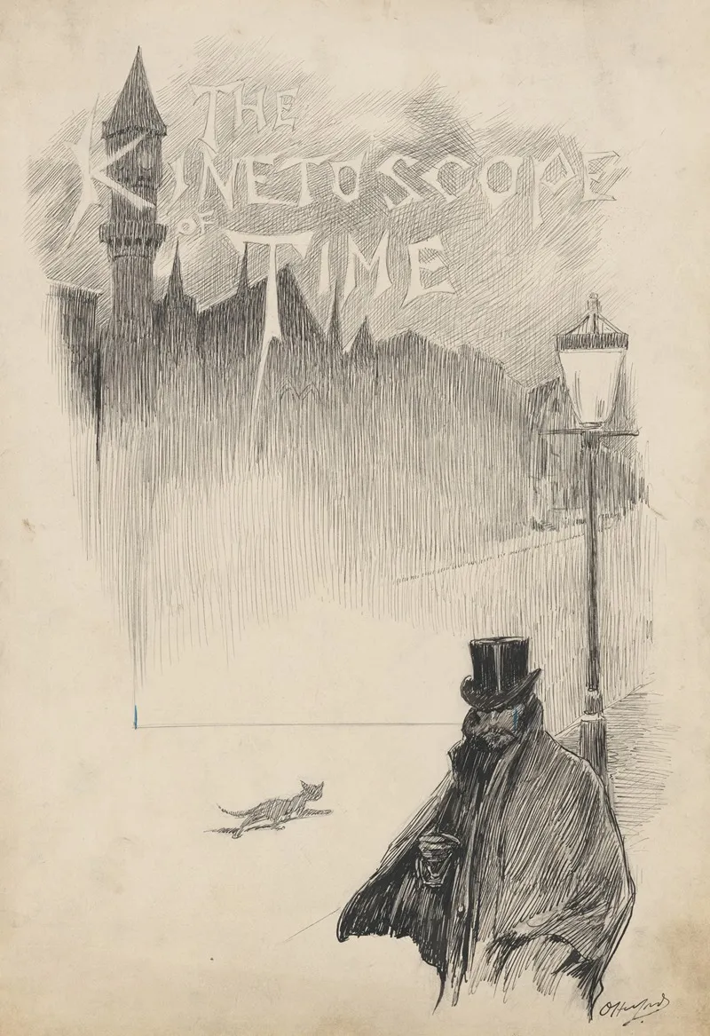 Man In Top Hat Under Lamppost With Townscape In Background