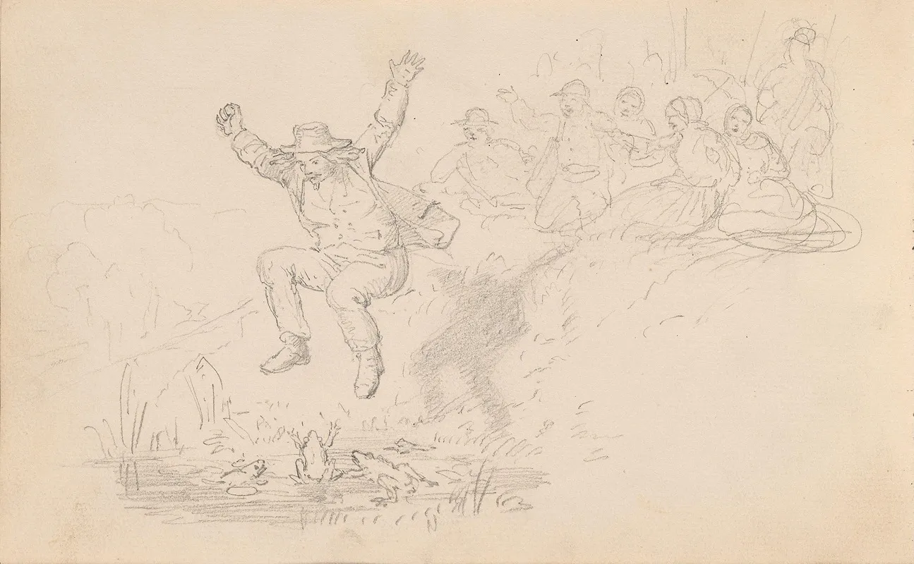 Man Jumping Into The Frog Pond Wall Art by Adolph Tidemand - High-Resolution Digital Print