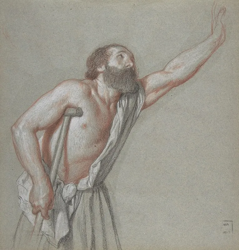 Man Leaning On A Crutch With Left Arm Raised