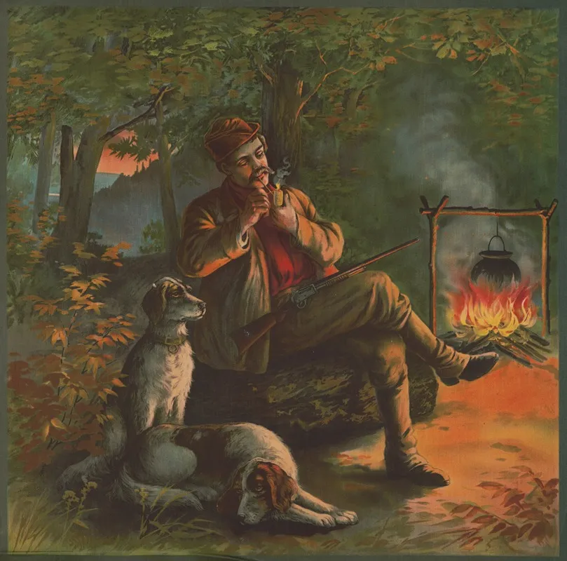 Man Lighting Corn Cob Pipe Cooking Over An Open Fire With Dogs And Rifle Wall Art by Campbell, Metzger &amp; Jacobson - High-Resolution Digital Print