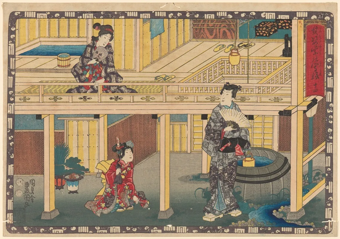 Man Looking Up At Woman On Balcony Wall Art by Toyokuni Utagawa - High-Resolution Digital Print