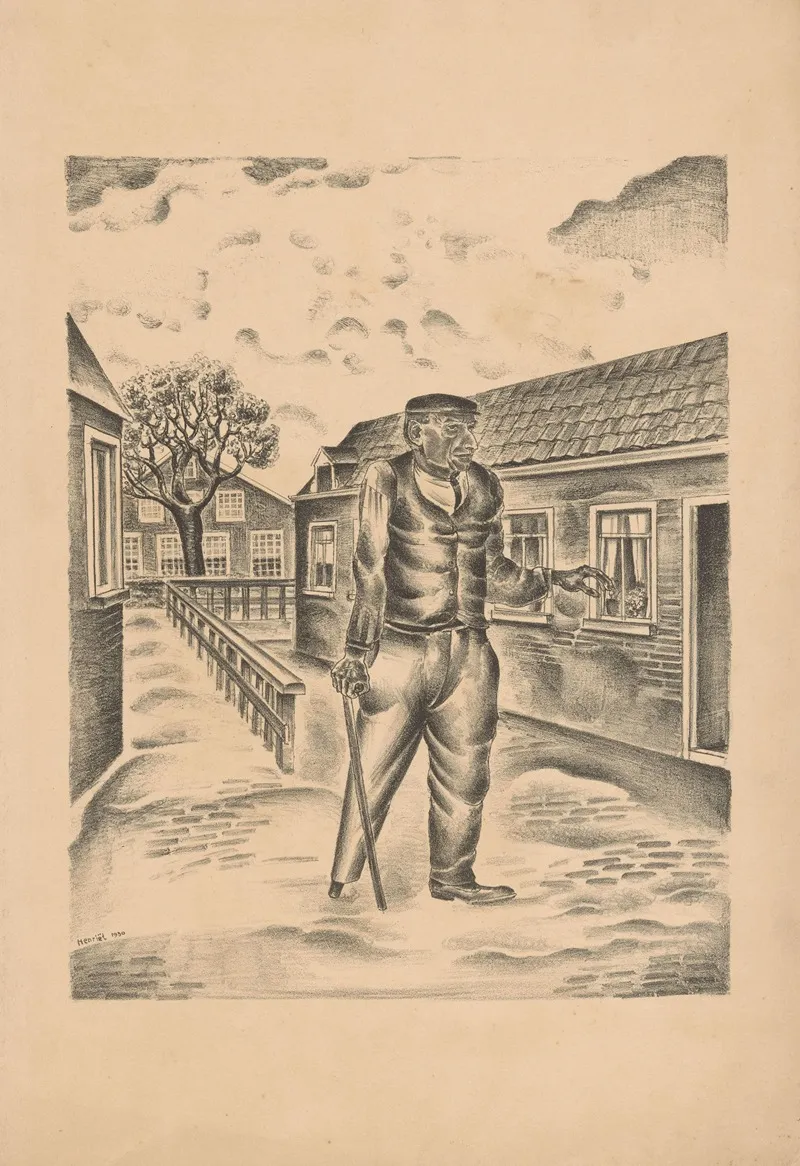 Man Met Houten Been En Stok In Een Dorpsstraat Wall Art by Henk Henriët - High-Resolution Digital Print