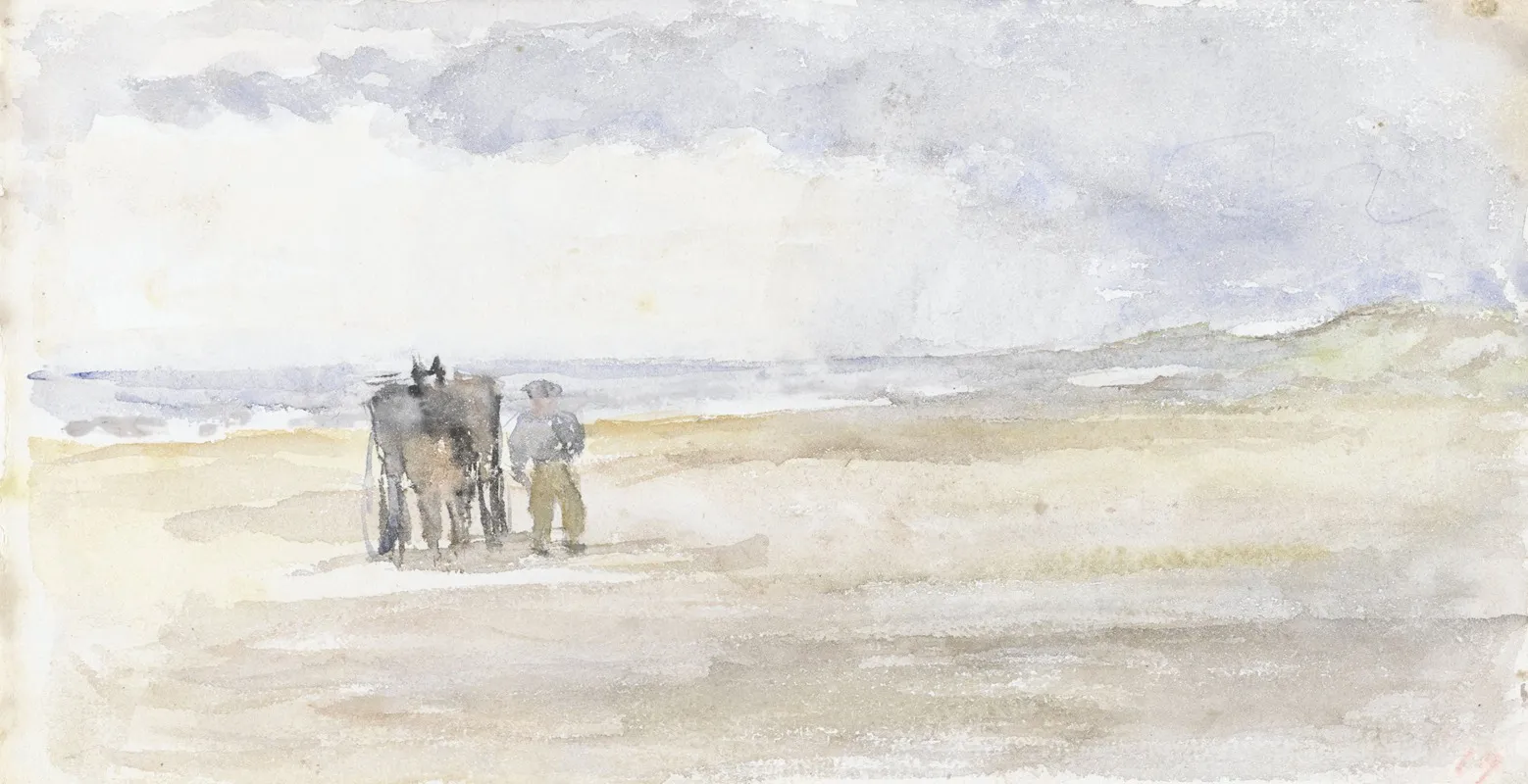 Man Met Paard En Wagen Op Het Strand