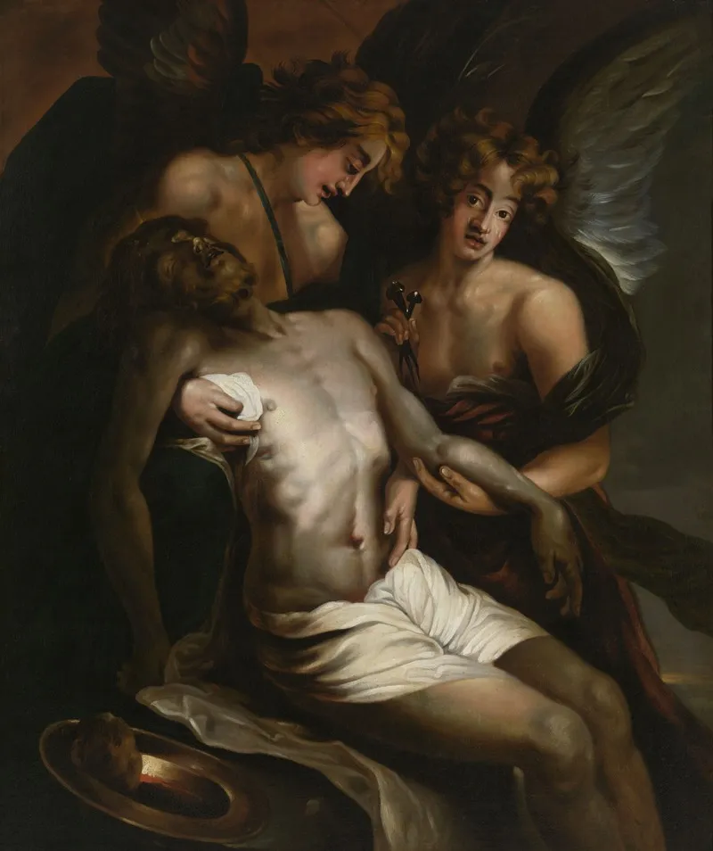 Man Of Sorrows Supported By Angels Wall Art by Louis de Deyster - High-Resolution Digital Print