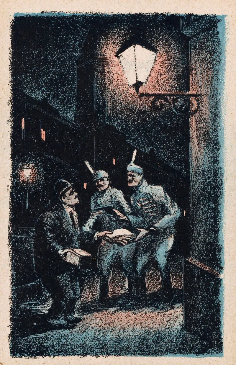 Man Overhandigt Geld Aan Twee Soldaten Onder Een Straatlantaarn Wall Art by Mihály Biró - High-Resolution Digital Print