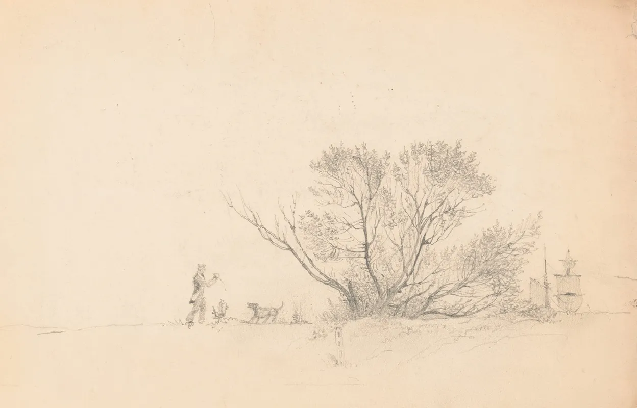 Man Playing Fetch With A Dog Near A Cluster Of Trees Ship Rigging Under Full Sail Visible On The Right