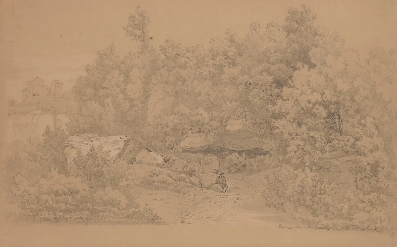 Man Sitting Among Rocks Overgrown With Trees In The Vicinity Of Palazzuolo