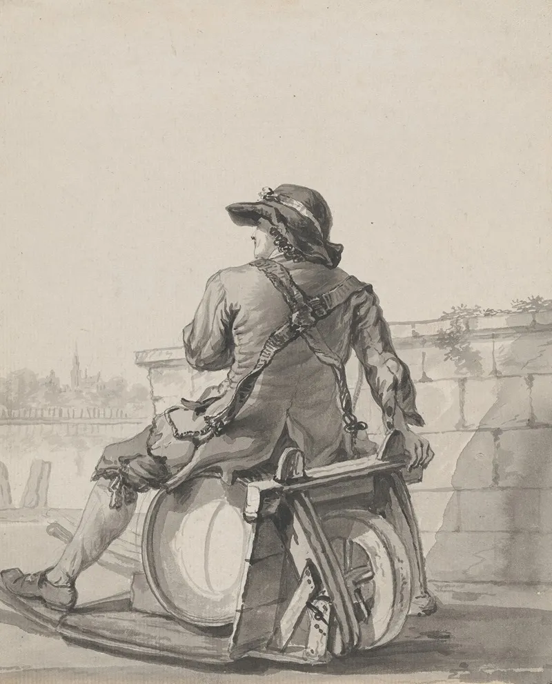 Man Sitting On A Cask On A Wheelbarrow