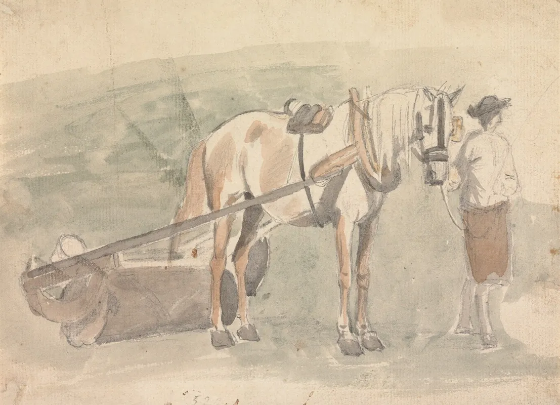 Man With A Horse Harnessed To A Roller