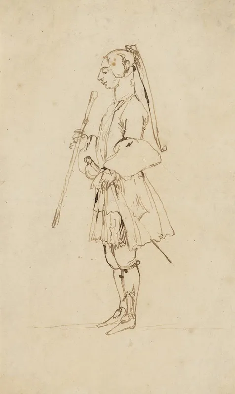 Man With A Long Pigtail And A Stick Standing In Profile To The Left