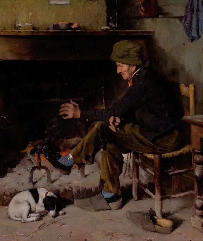 Man With His Dog Before A Hearth Wall Art by Benjamin West Clinedinst - High-Resolution Digital Print
