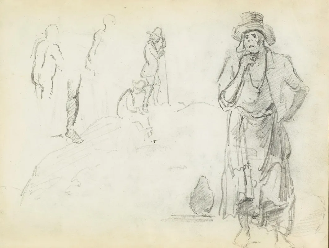 Man With His Hand To His Chin With Sketches Of Men In Profile And A Leg