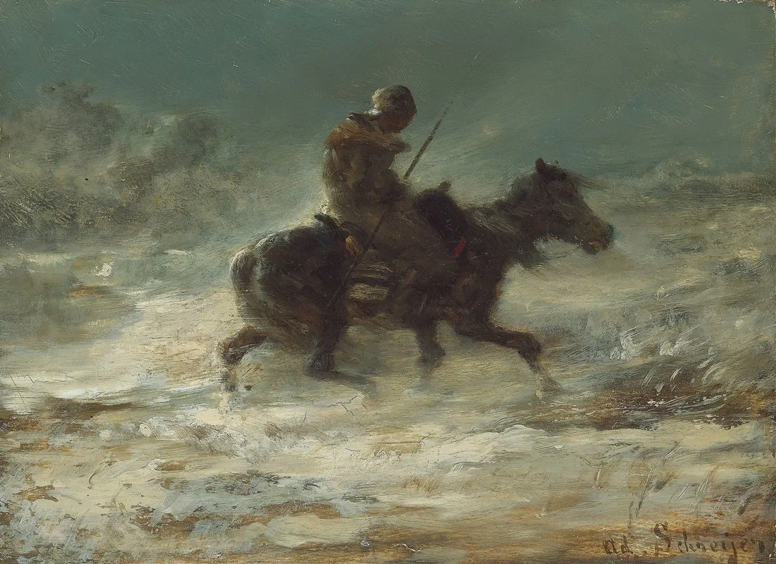 Man With Lance Riding Through The Snow Wall Art by Adolf Schreyer - High-Resolution Digital Print