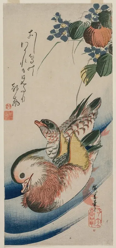 Mandarin Ducks And Flowering Plants
