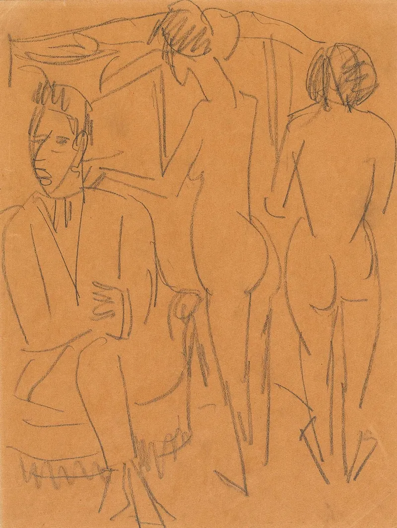 Mann Und Zwei Akte Im Atelier Wall Art by Ernst Ludwig Kirchner - High-Resolution Digital Print